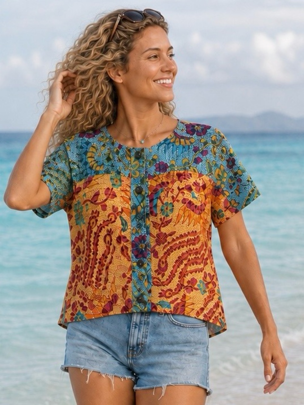 Passports Pier 1 Imports Vintage Tropical Floral Rayon Short Sleeve Crop Top Med